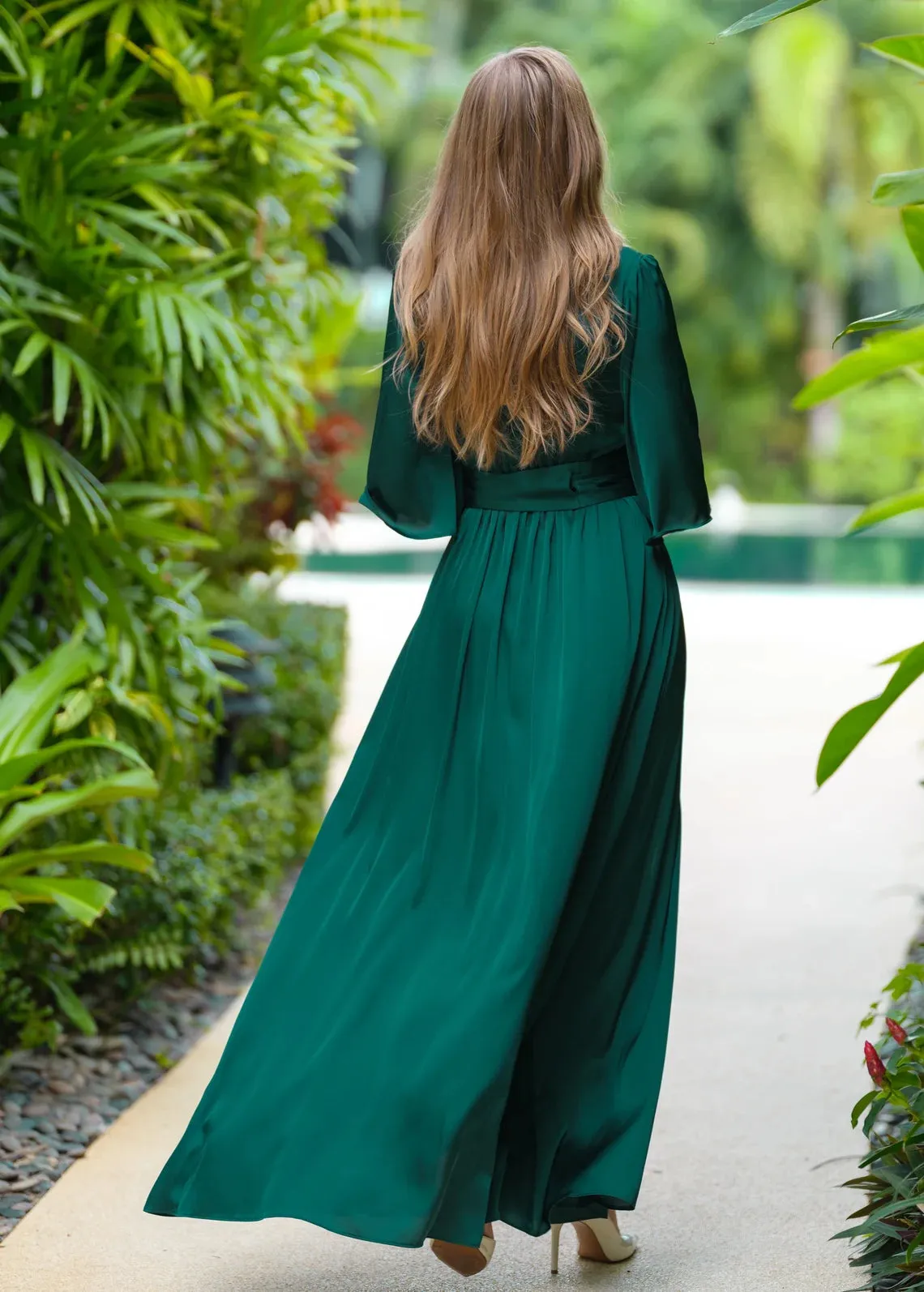 A-Line Dark Green Dress With Belt Long Bridesmaid Dress Wedding Guest Dress Maxi Dress