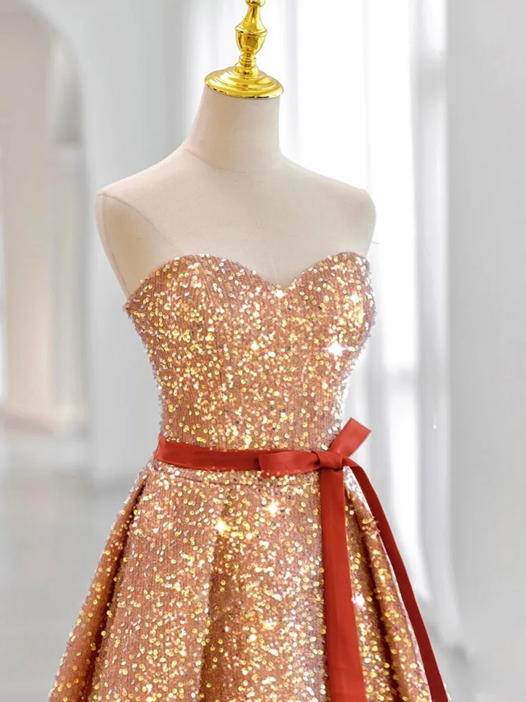 A-Line Sweetheart Neck Velvet Sequin Champagne Gold Long Prom Dress