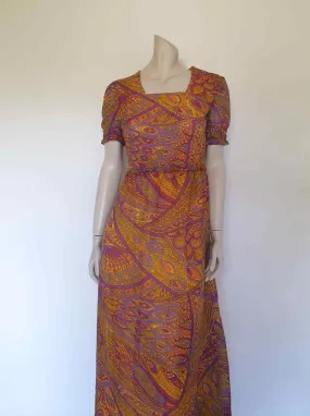 Abstract Print Purple & Yellow Maxi Dress with Shirring - S