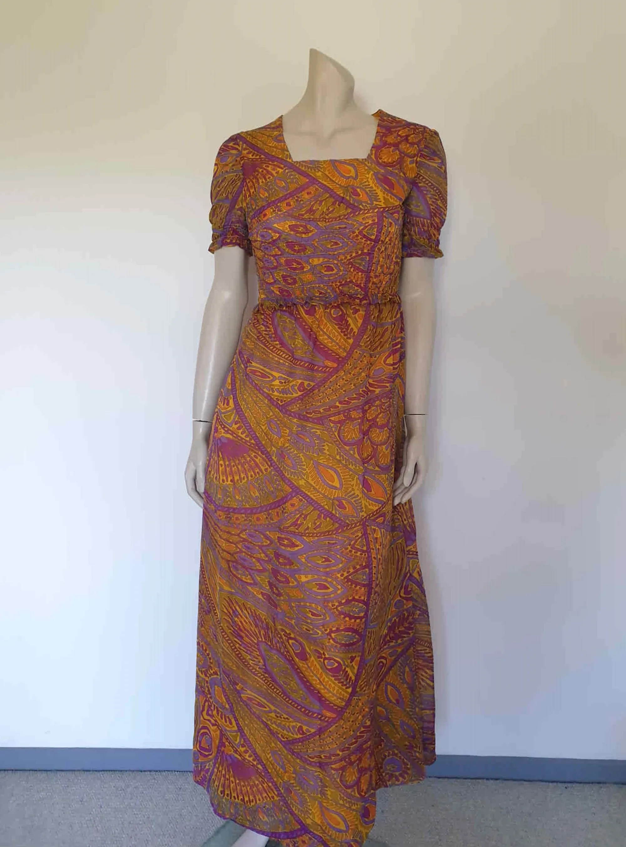 Abstract Print Purple & Yellow Maxi Dress with Shirring - S