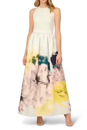 Aidan Mattox Floral Print Twill Maxi Dress