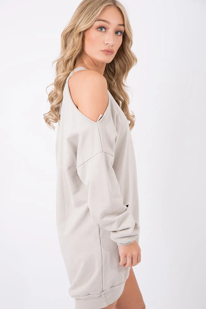 Beige Cold Shoulder Distressed Jumper Dress - Kylie