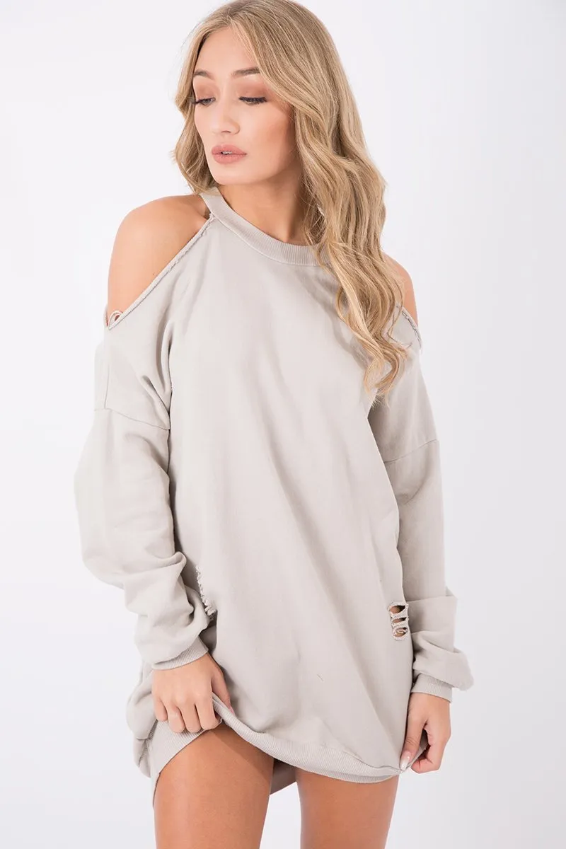 Beige Cold Shoulder Distressed Jumper Dress - Kylie