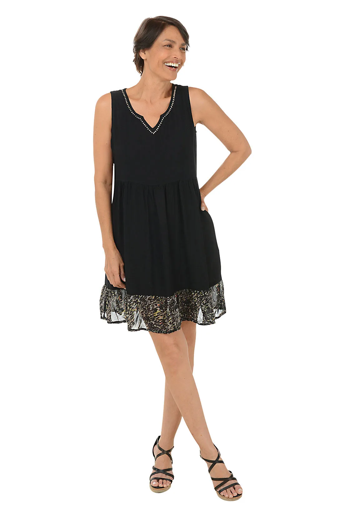 Black Animal Hem Sleeveless Babydoll Dress