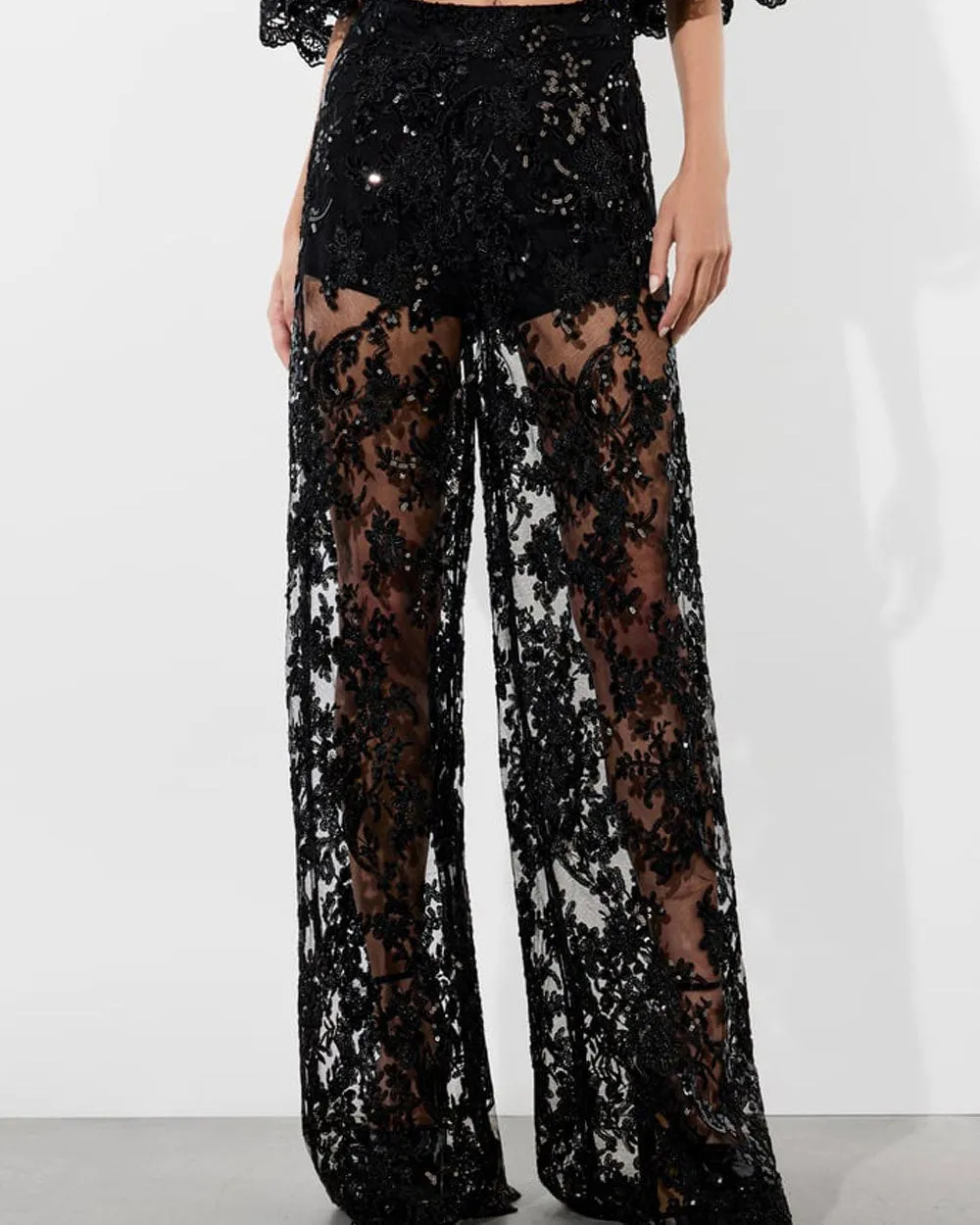 Black Athena Embellished Sheer Lace Flared Pant