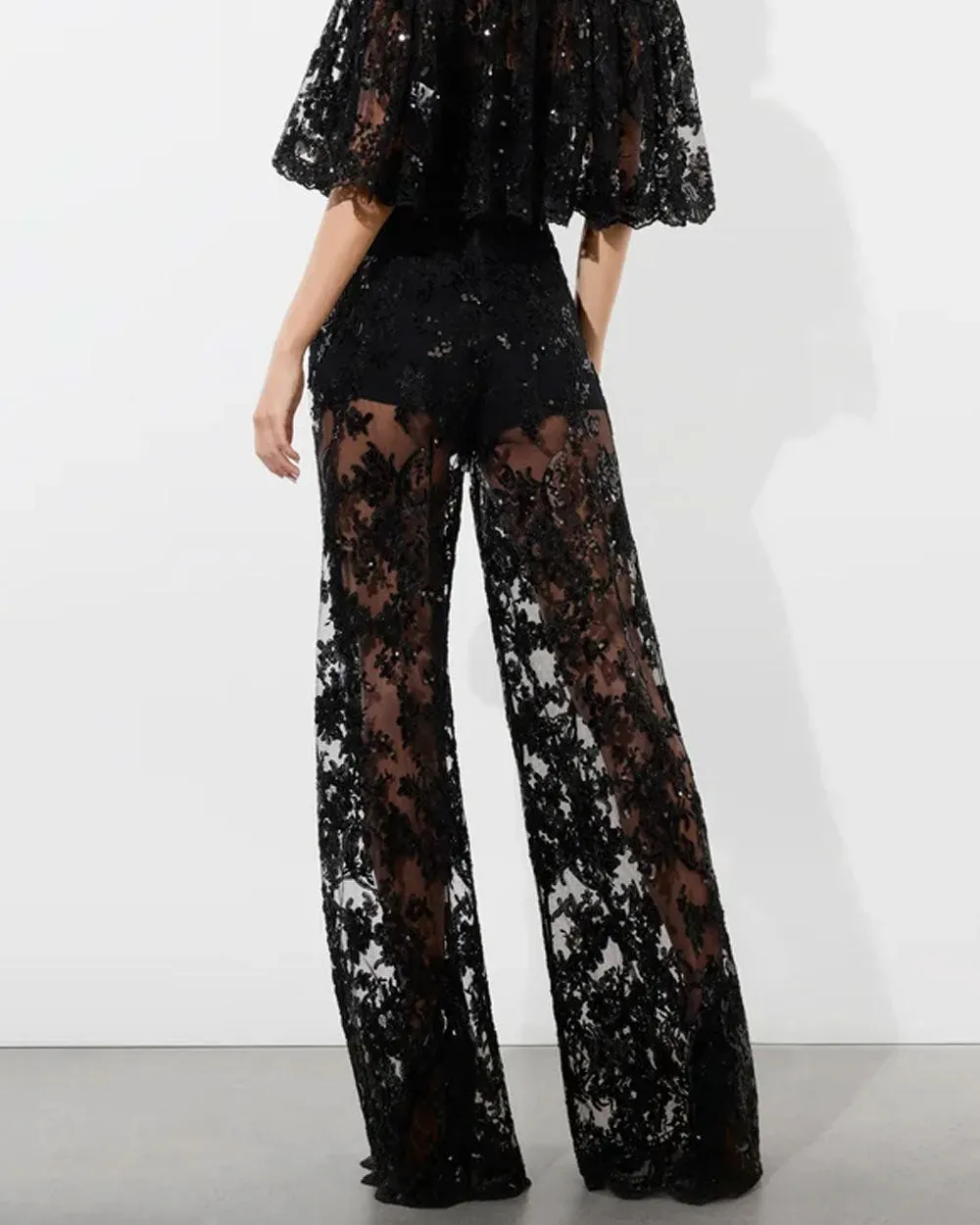 Black Athena Embellished Sheer Lace Flared Pant