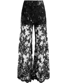 Black Athena Embellished Sheer Lace Flared Pant