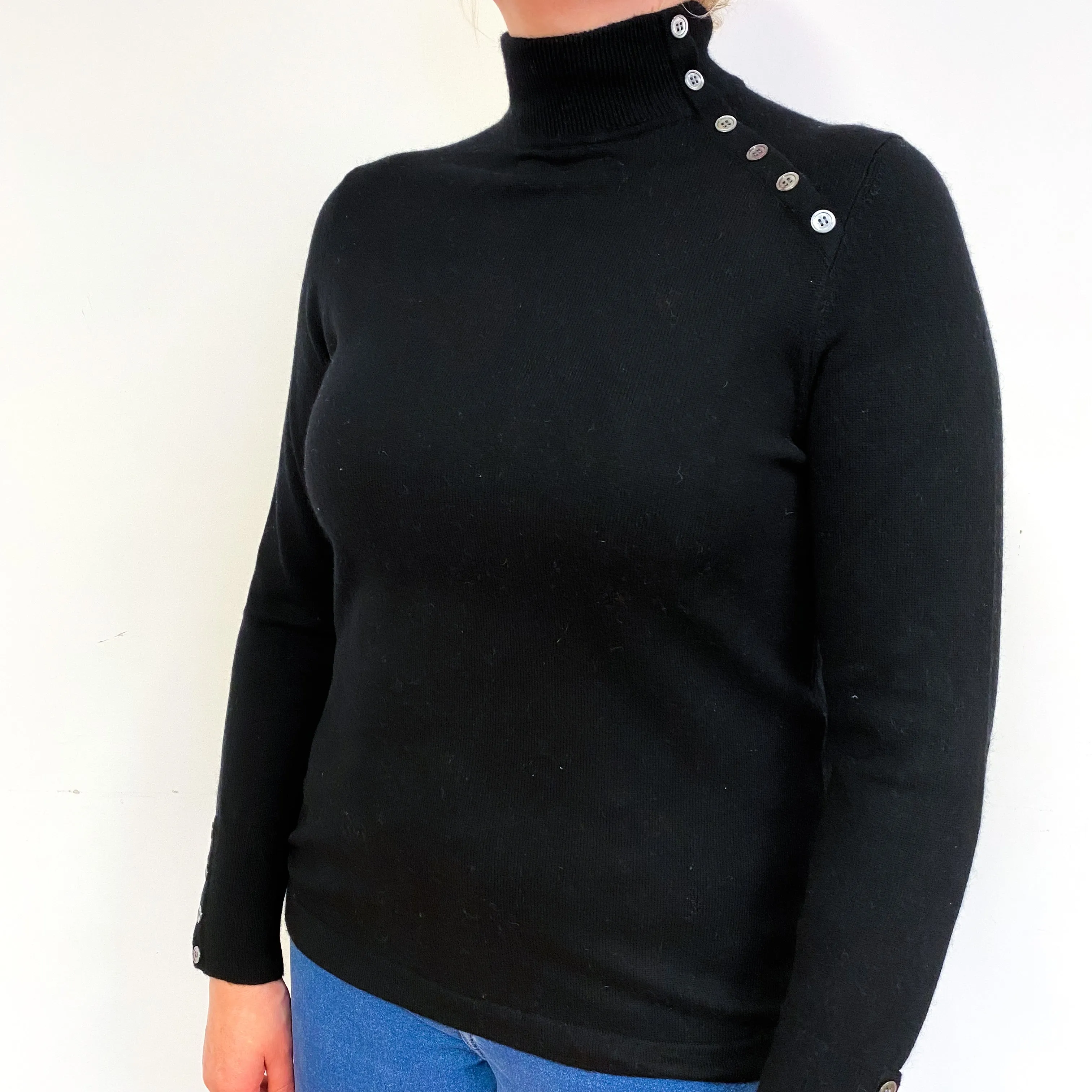 Black Cashmere Buttoned Turtle Neck Jumper Large