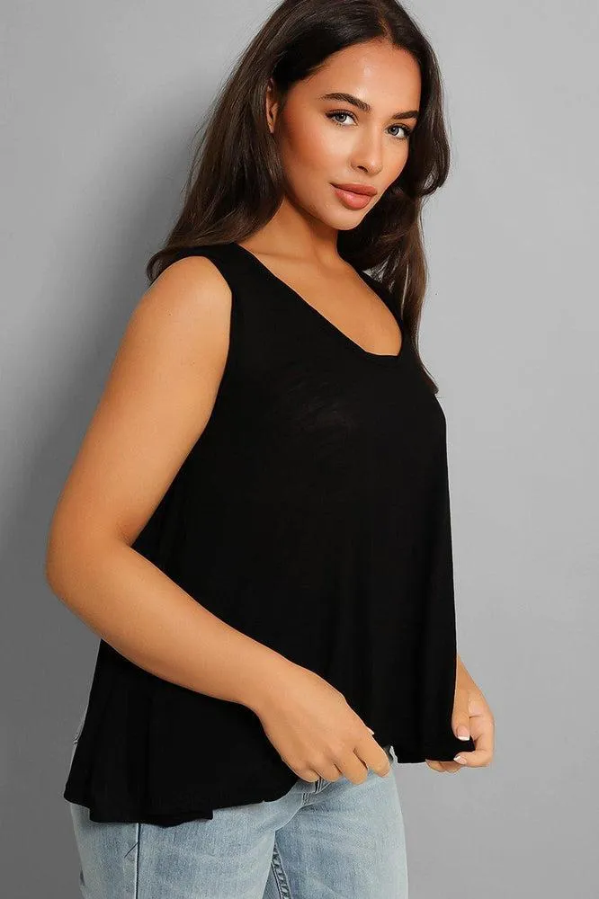 Black Flared Hem Lightweight Sleeveless Top