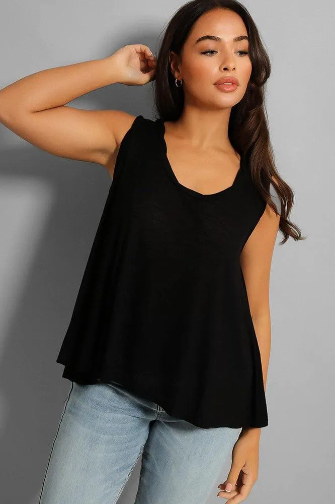 Black Flared Hem Lightweight Sleeveless Top