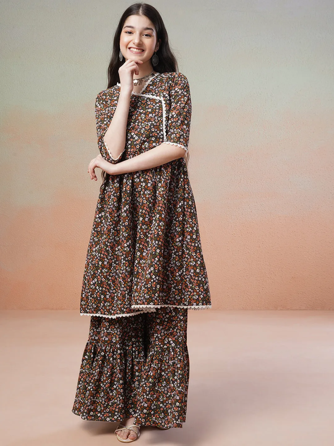 Black Girls Floral Printed Angrakha Kurta with Sharara