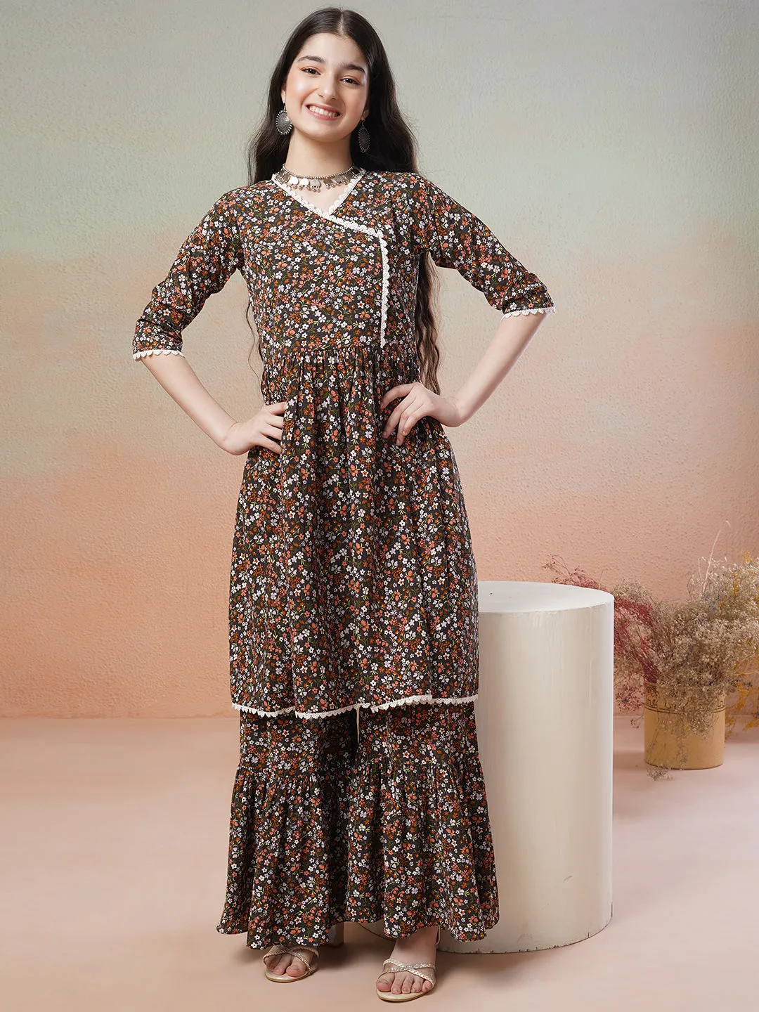 Black Girls Floral Printed Angrakha Kurta with Sharara