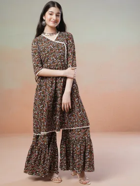 Black Girls Floral Printed Angrakha Kurta with Sharara