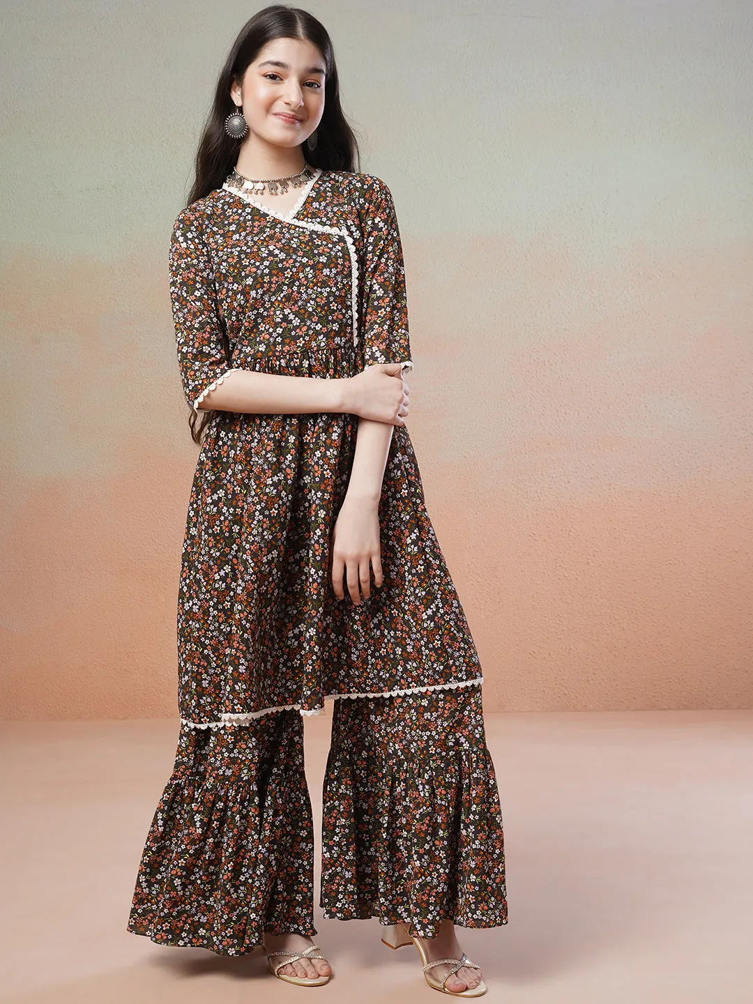 Black Girls Floral Printed Angrakha Kurta with Sharara