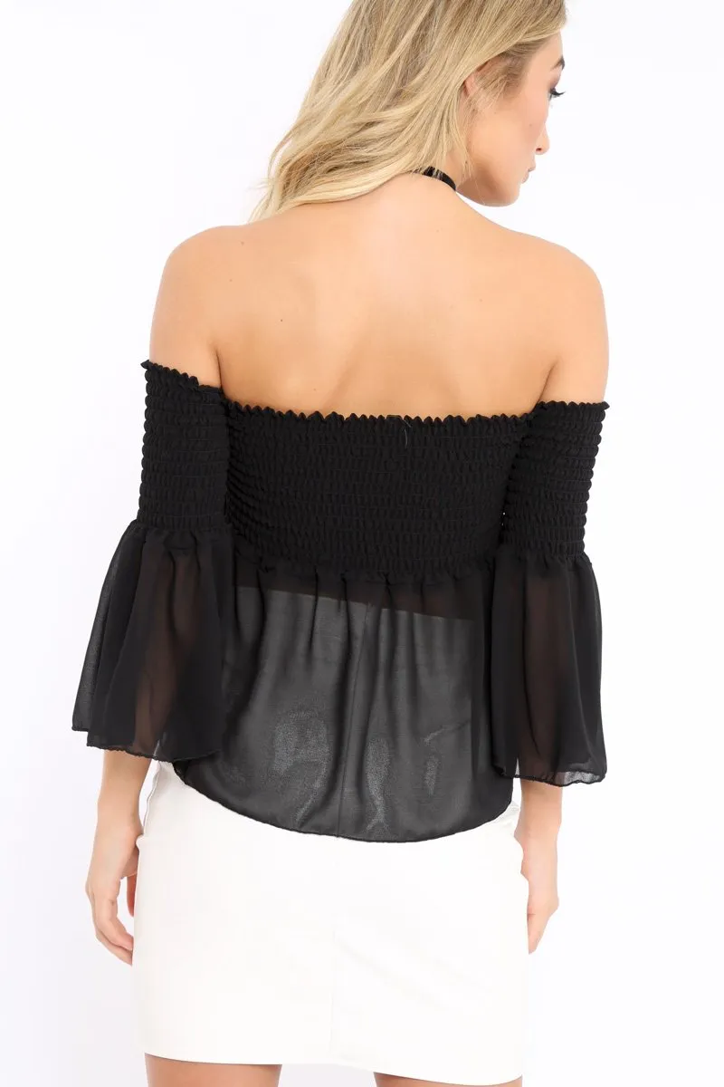 Black Shirred Chiffon Bardot Top - Libbie