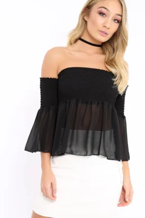 Black Shirred Chiffon Bardot Top - Libbie