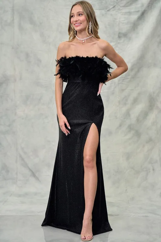 Black Strapless Faux Feather Glitter Shiny Slit Maxi Dress