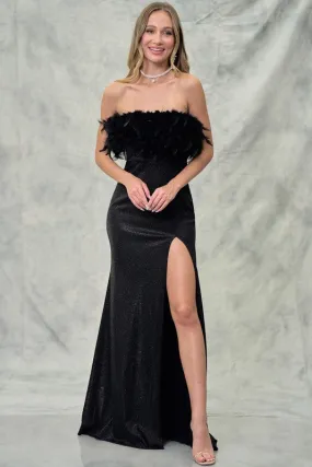 Black Strapless Faux Feather Glitter Shiny Slit Maxi Dress