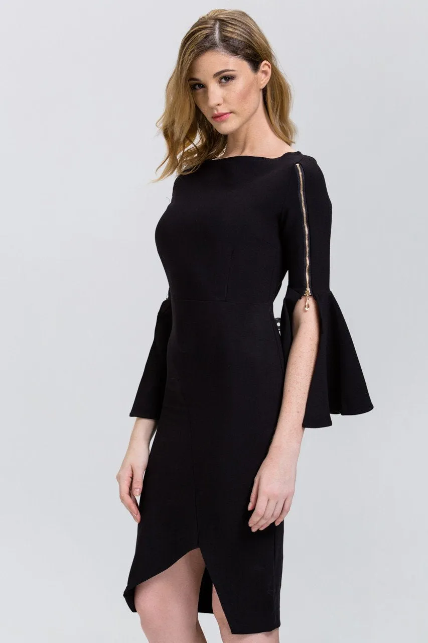 Black Zip Up Flare Sleeve Midi Dress