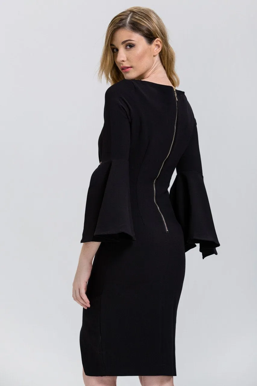 Black Zip Up Flare Sleeve Midi Dress