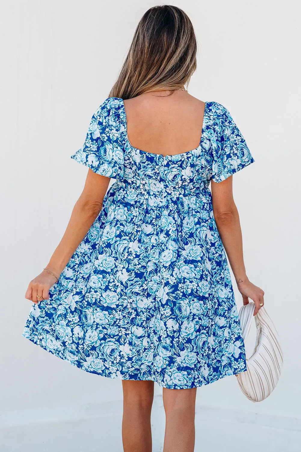 Blue Floral Puff Sleeve Babydoll Mini Dress