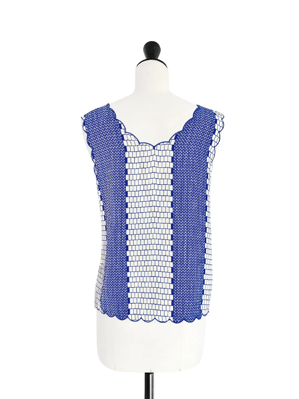 Blue Geo Round Neck Scallop Silk Tank