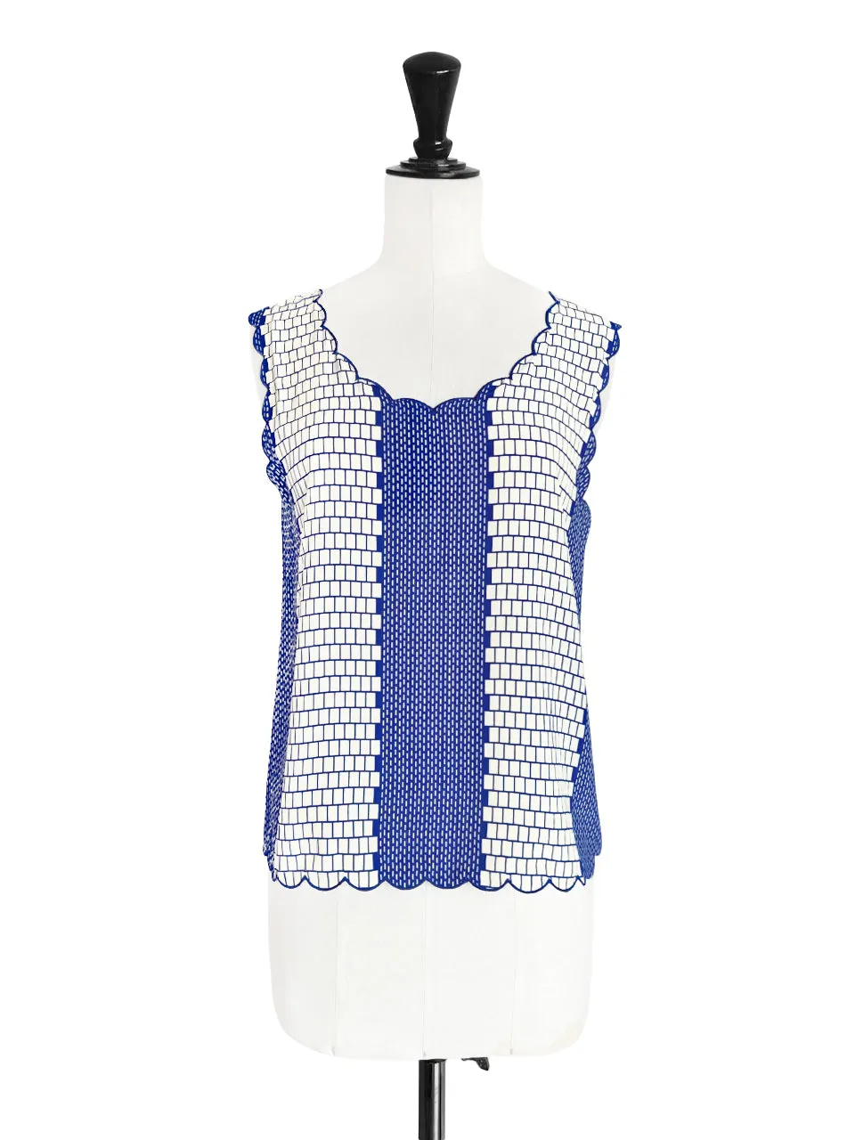 Blue Geo Round Neck Scallop Silk Tank