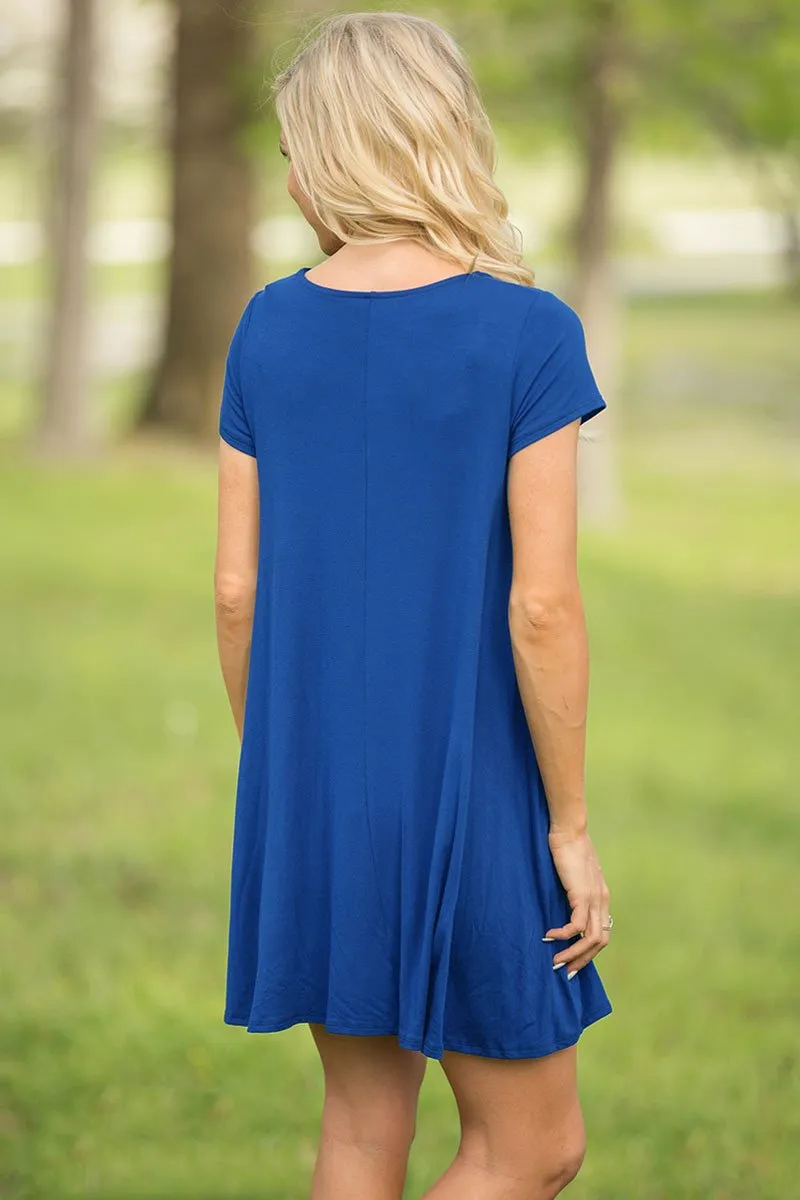 Blue Short Sleeve Flared Dress