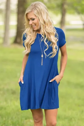 Blue Short Sleeve Flared Dress