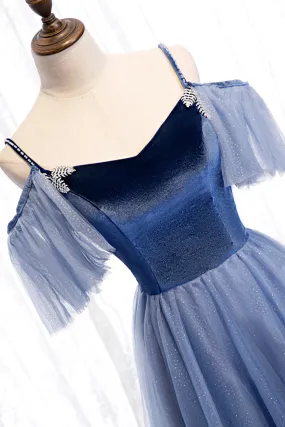 Blue Velvet Tulle Long Prom Dresses, Blue A-Line Evening Dresses