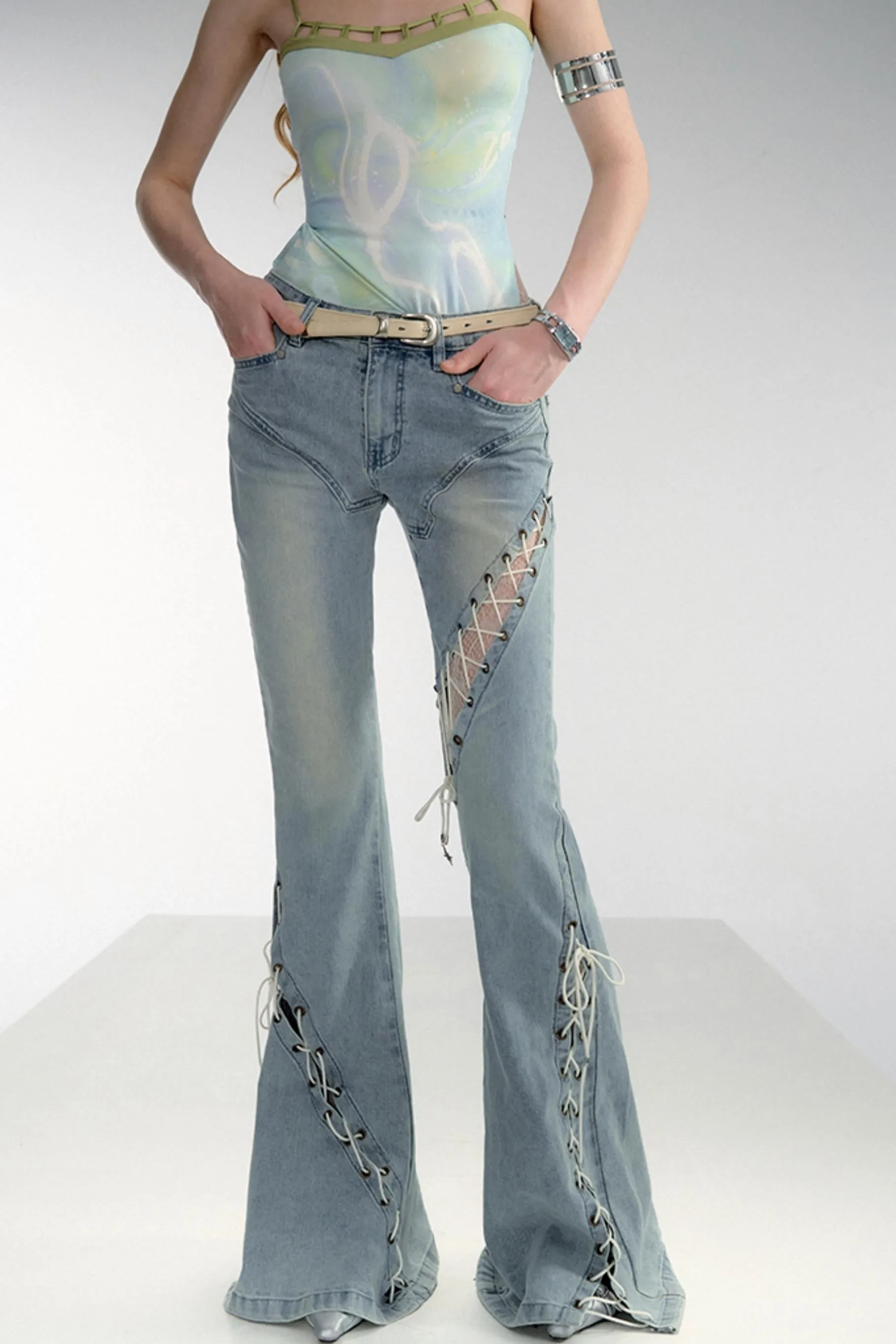 Bohemian Lace-Up Flare Jeans