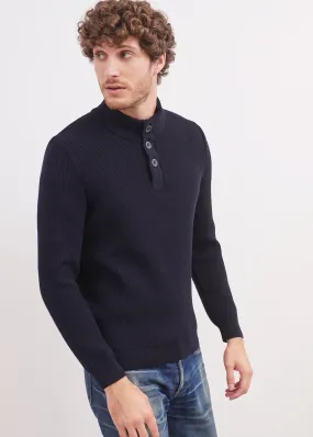 Bourboule buttoned high neck jumper - in wool, herringbone pattern (NAVY)