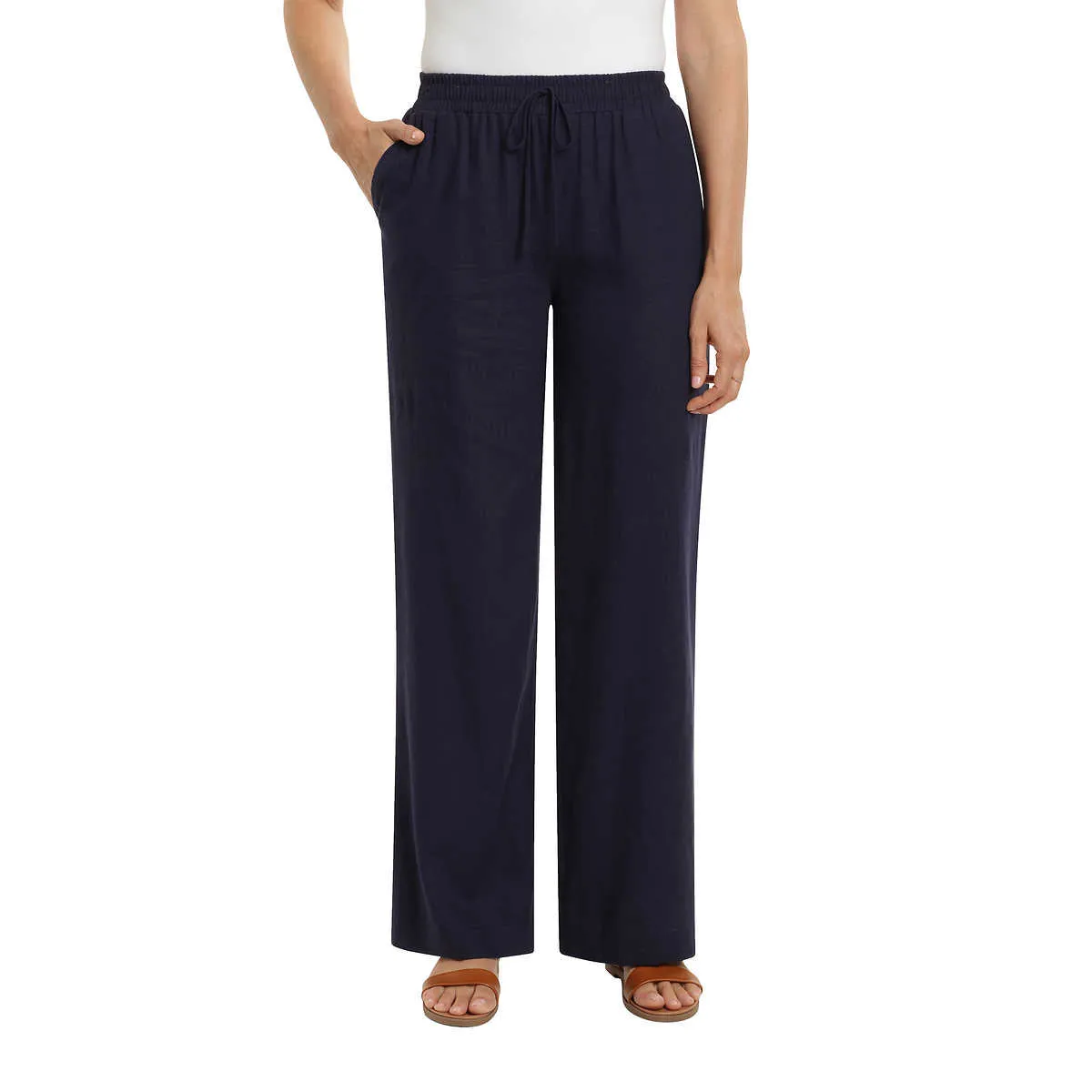 Briggs Women's Wide Leg Lightweight Linen Blend 2 Pockets Stripe Pants