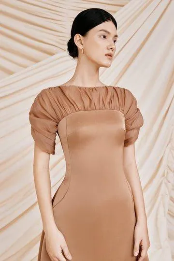 Brown puffy sleeves midi dress-CATO