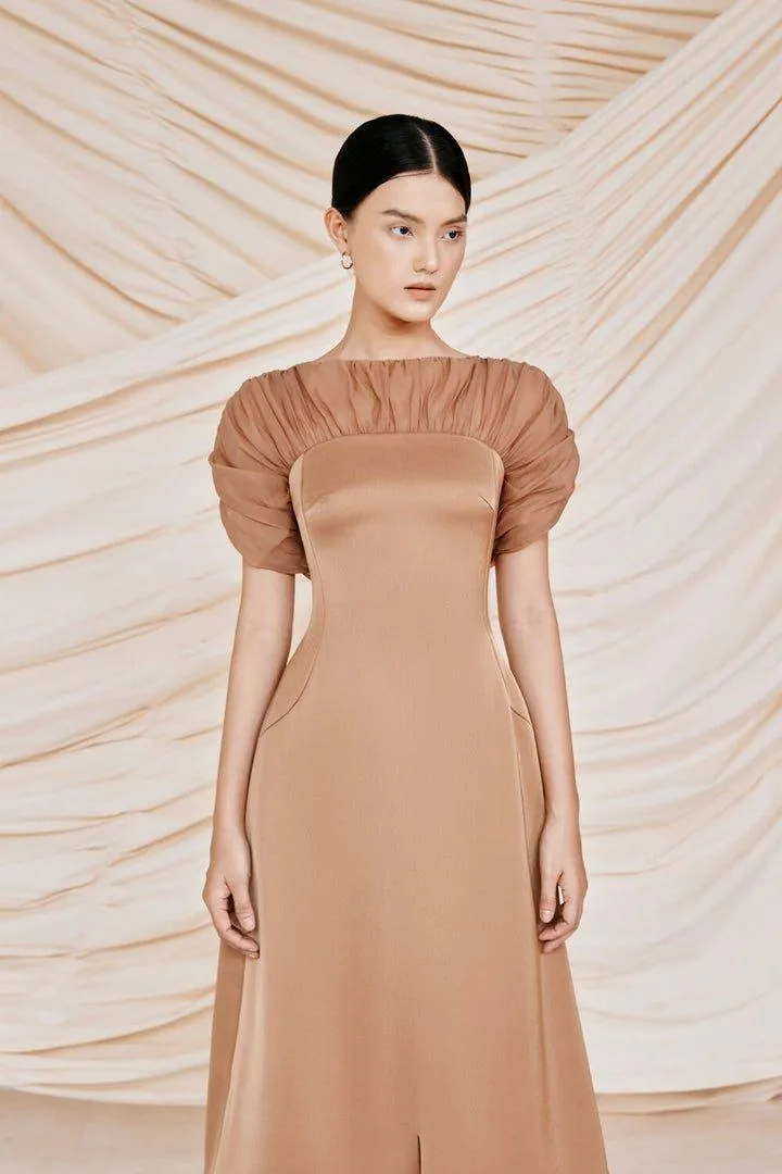 Brown puffy sleeves midi dress-CATO