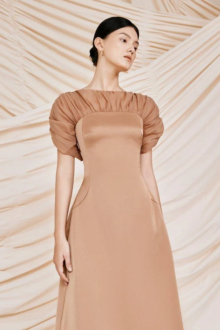 Brown puffy sleeves midi dress-CATO