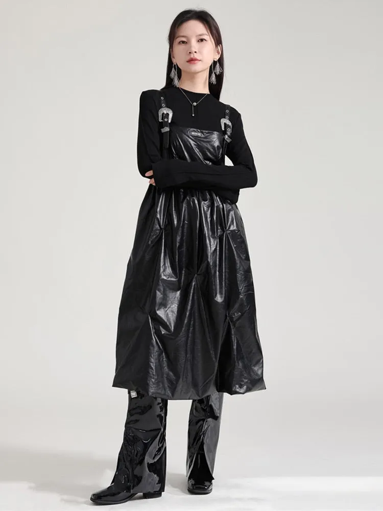 Bukle Vegan Leather Overall Dress - Black