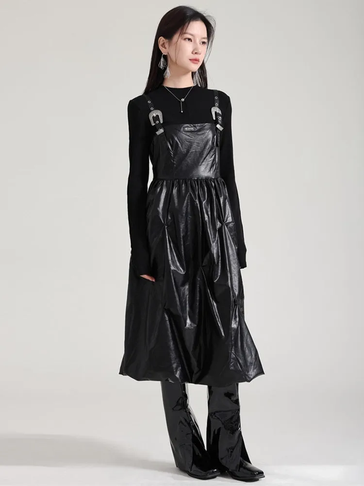 Bukle Vegan Leather Overall Dress - Black