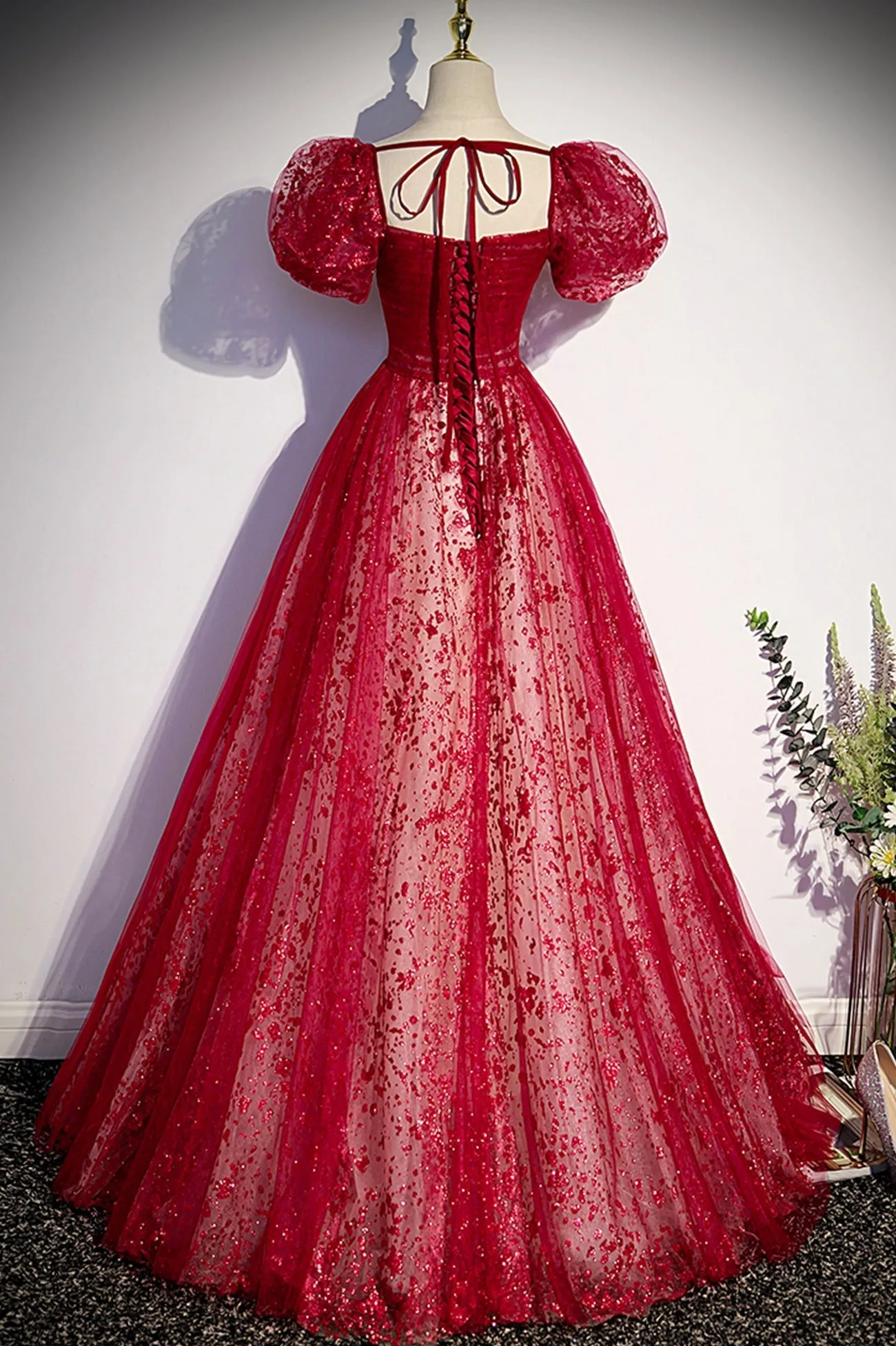 Burgundy Tulle Long Prom Dress with Sequins, A-Line Short Sleeve Evening Dress