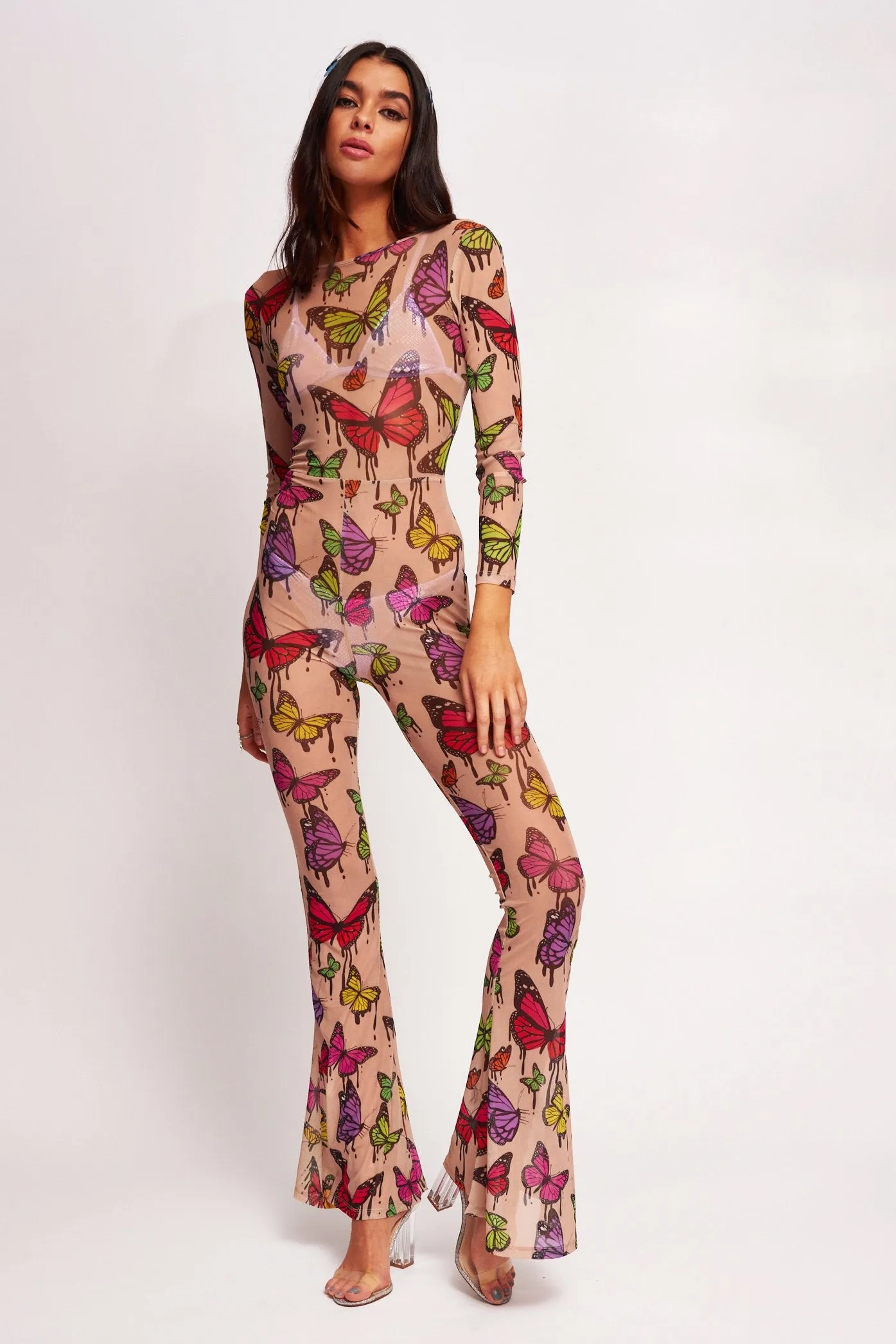 Butterfly Print Mesh Flared Leg Catsuit