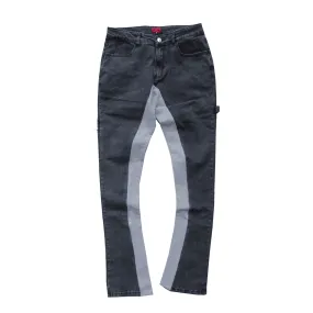 Contrast Denim Flared Painter Pants - Grey