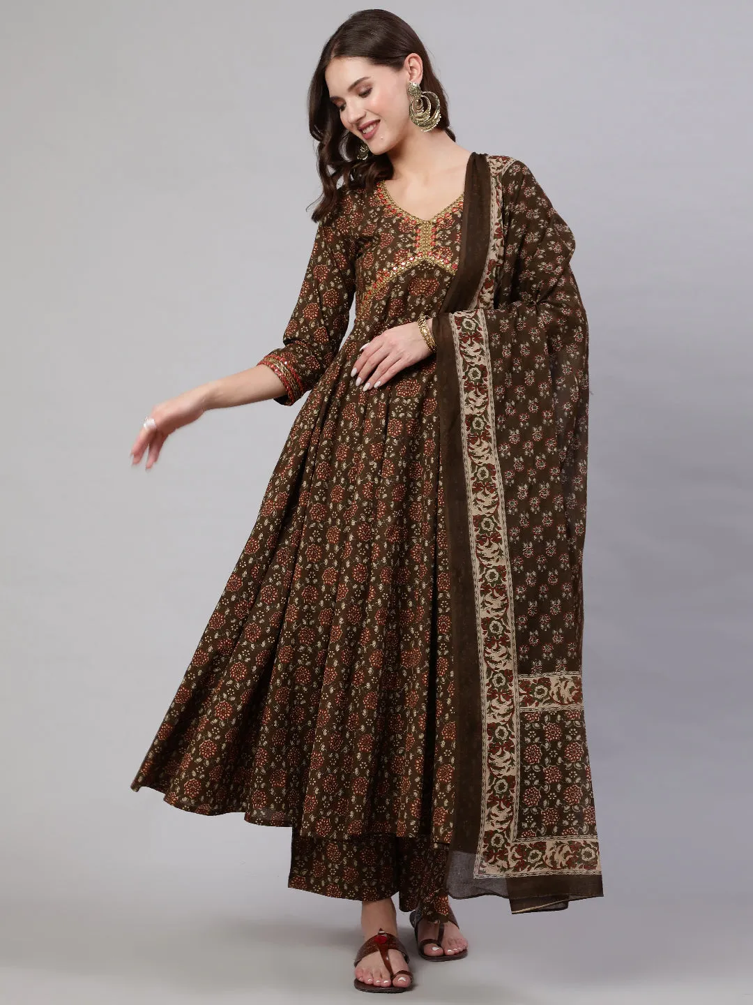 Cotton Calf Length Printed & Embroidery  Semi-Flared 3/4 Sleeves V Neck Kurta Bottom Dupatta Set