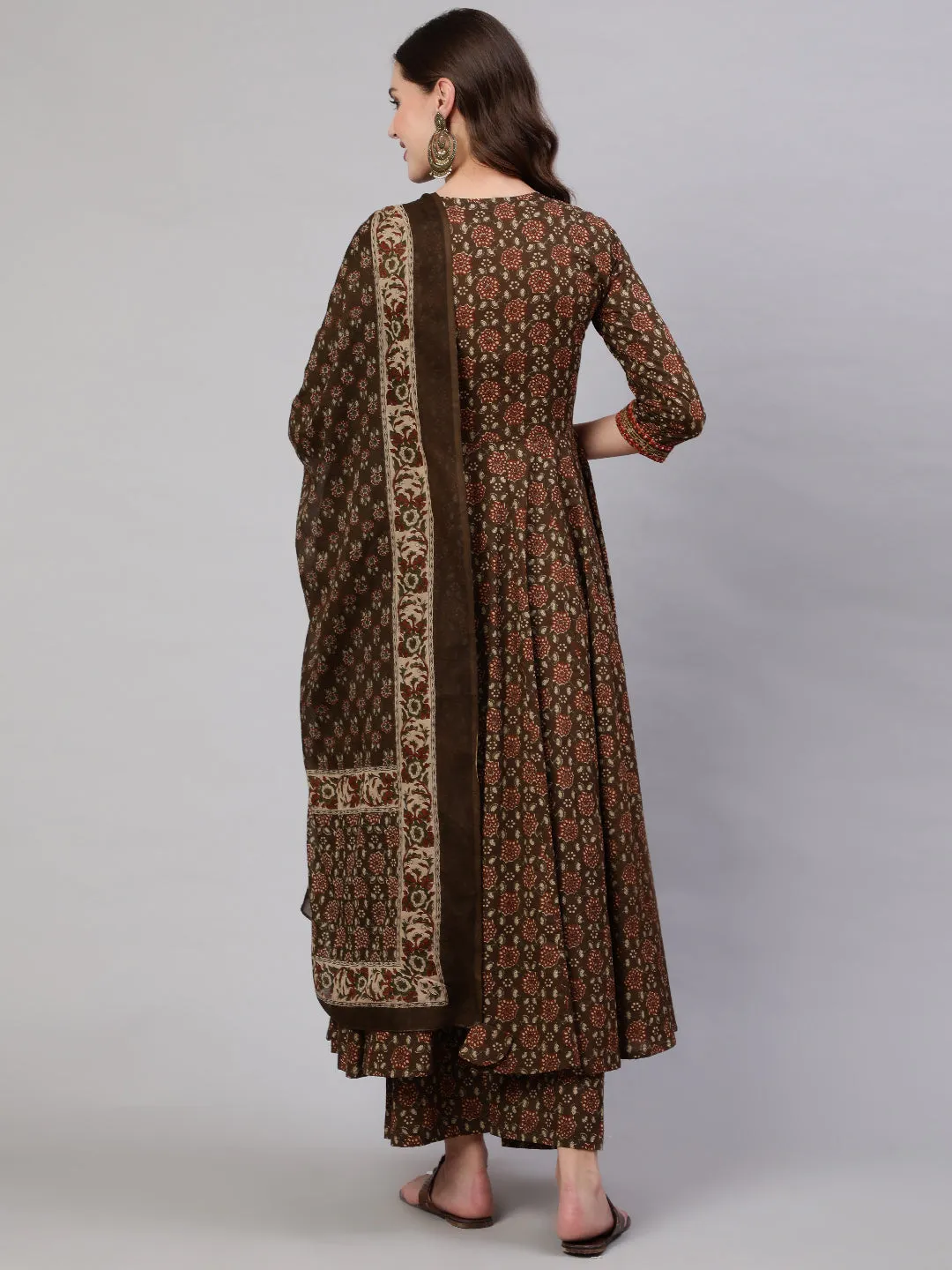 Cotton Calf Length Printed & Embroidery  Semi-Flared 3/4 Sleeves V Neck Kurta Bottom Dupatta Set