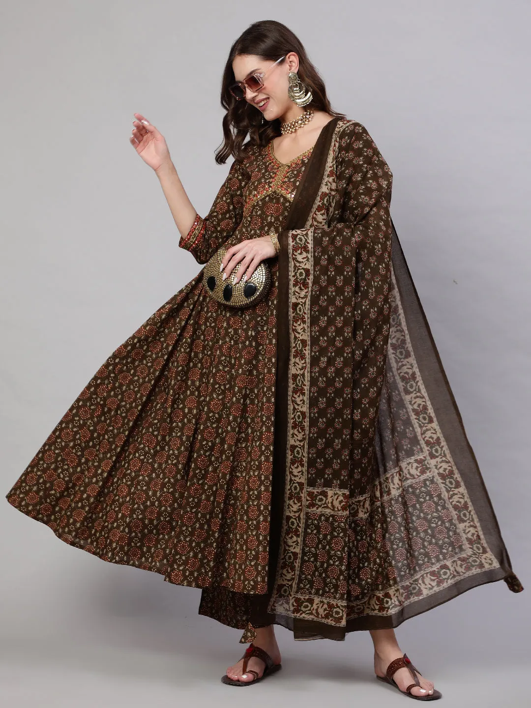 Cotton Calf Length Printed & Embroidery  Semi-Flared 3/4 Sleeves V Neck Kurta Bottom Dupatta Set