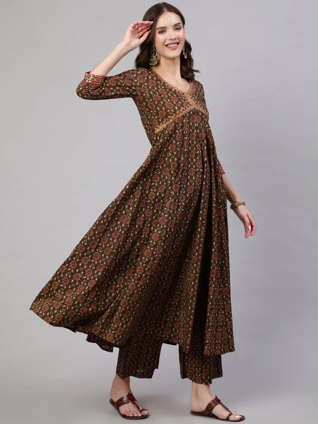 Cotton Calf Length Printed & Embroidery  Semi-Flared 3/4 Sleeves V Neck Kurta Bottom Dupatta Set