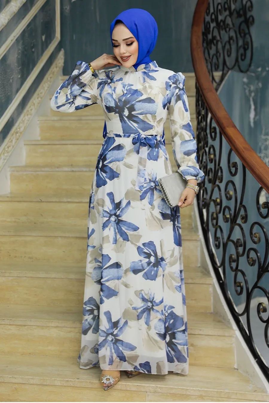 Cream & Blue Floral Chiffon Maxi Dress