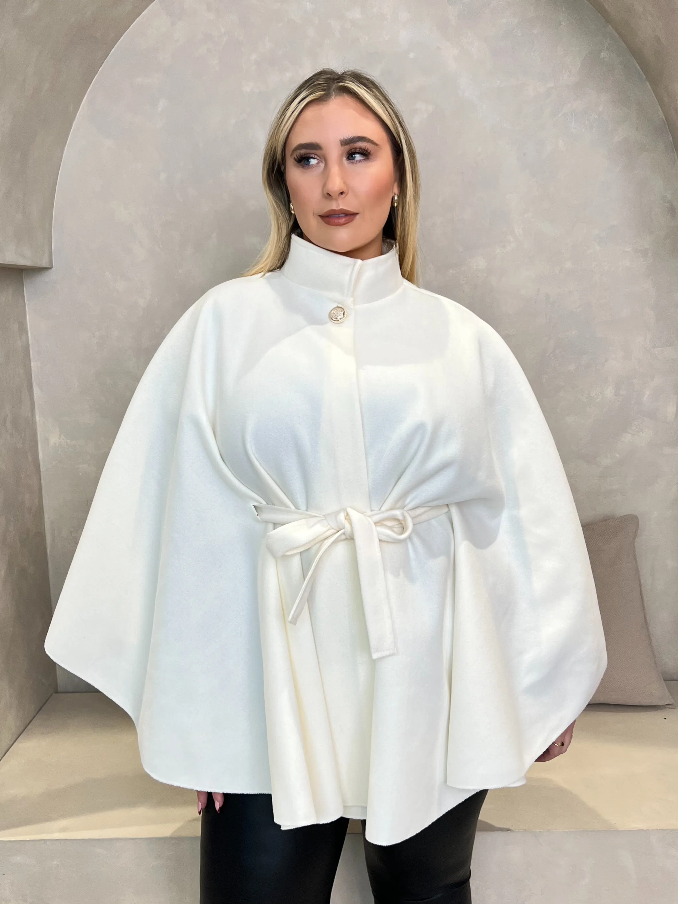 Curve Winter White Tie Belt Cape With Stand Up Collar