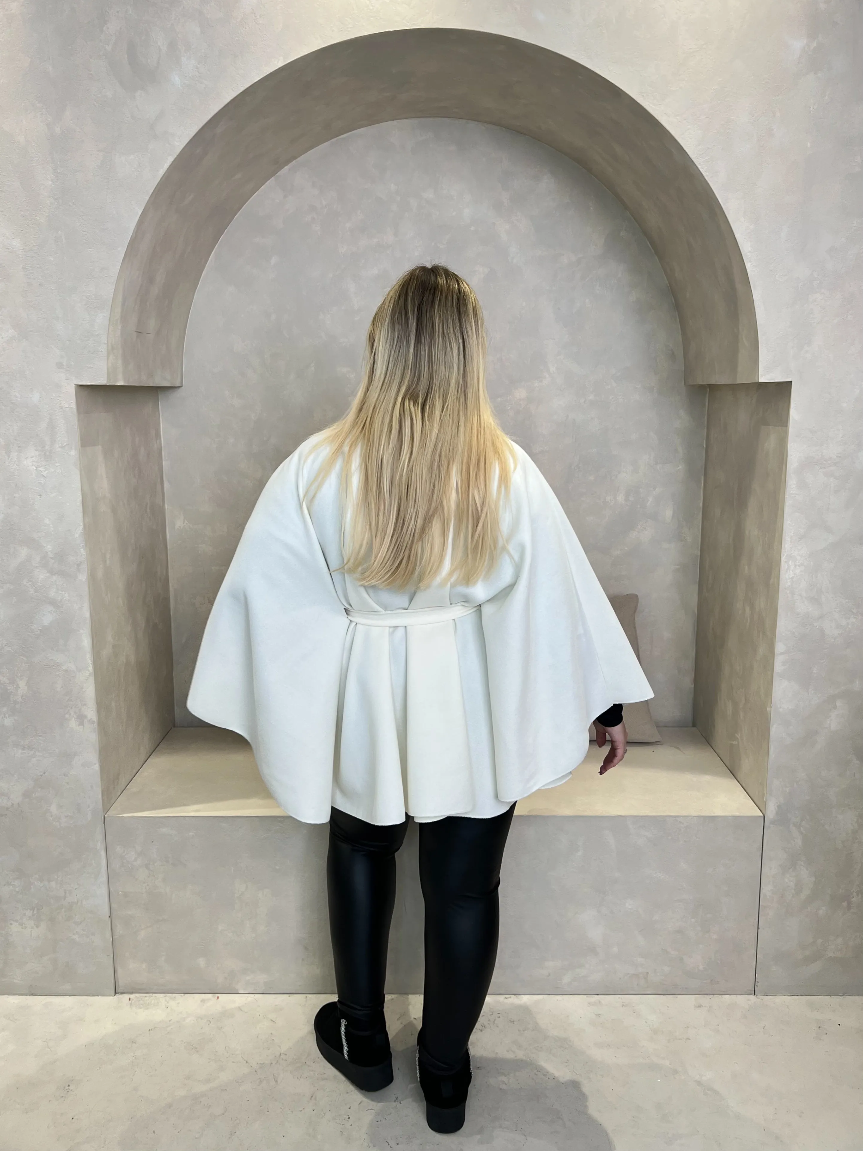 Curve Winter White Tie Belt Cape With Stand Up Collar