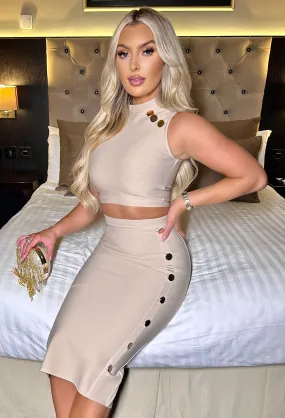 Cuter In Couture Beige Bandage Button Detail Co-Ord