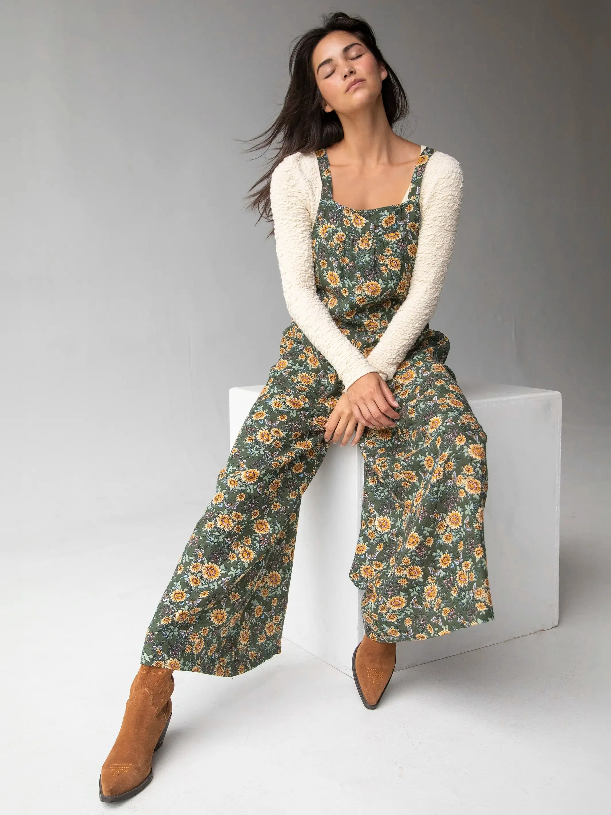 Dakota Tie Overall - Green Sunflower Butterfly Cotton